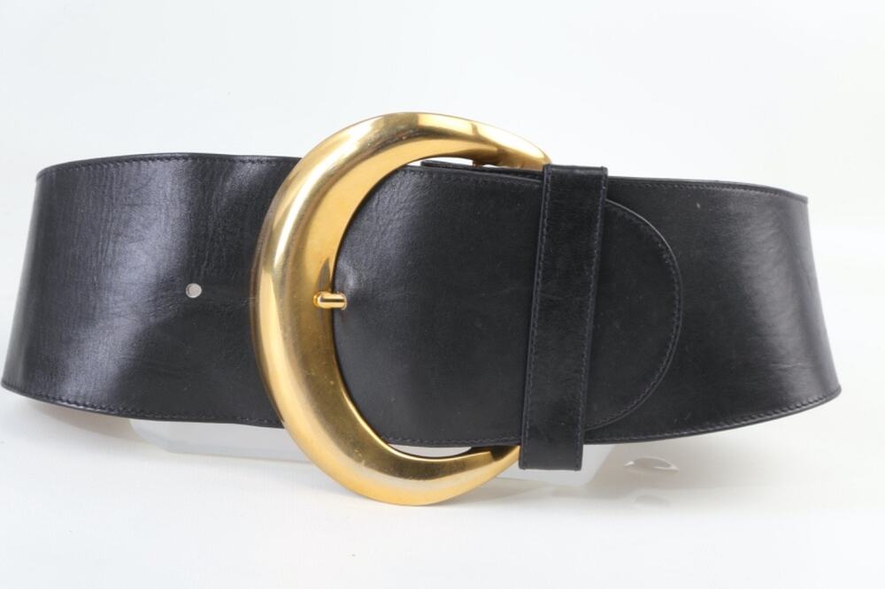 Donna Karan Vintage Black Leather Wide Waist Belt Gold Oversized Buckle Size S